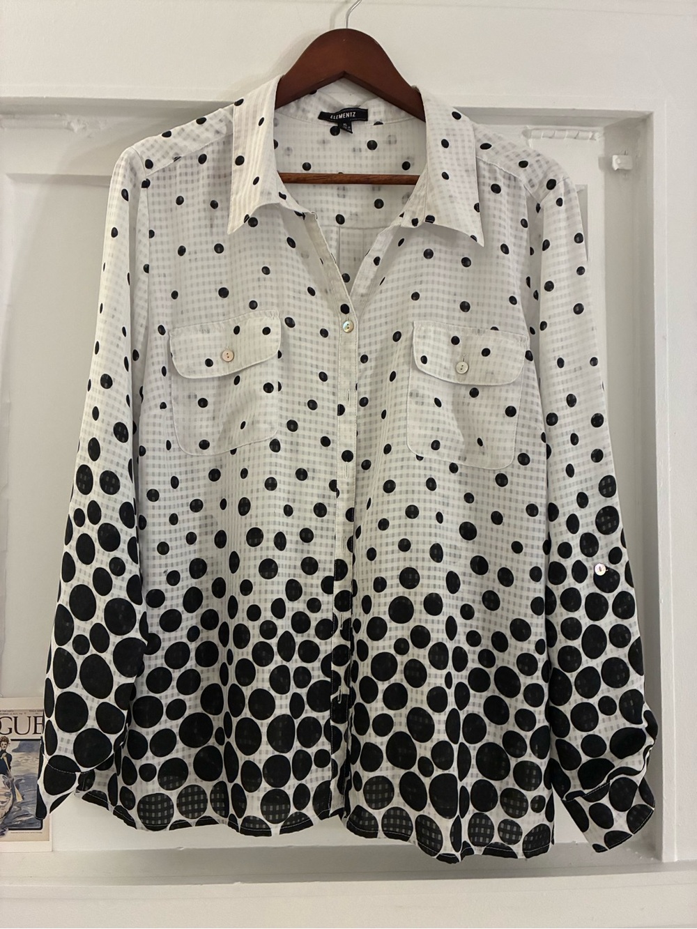 Elementz White Button-Down Shirt with Black Polka Dot Ombre - semi sheer - shown